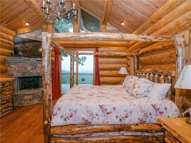 bedroom featuring vaulted ceiling with beams, access to outside, wooden ceiling, hardwood / wood-style floors, and rustic walls