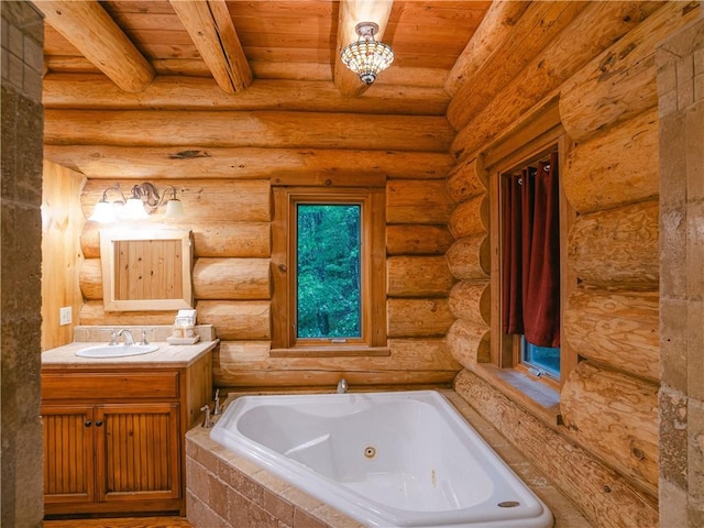 bathroom with wood ceiling, vanity, log walls, and tiled tub