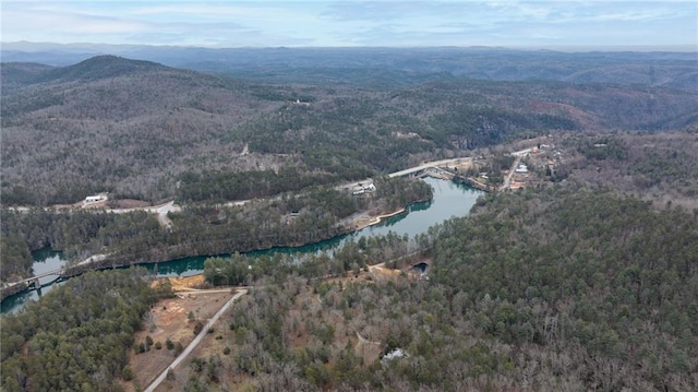 drone / aerial view featuring a water and mountain view