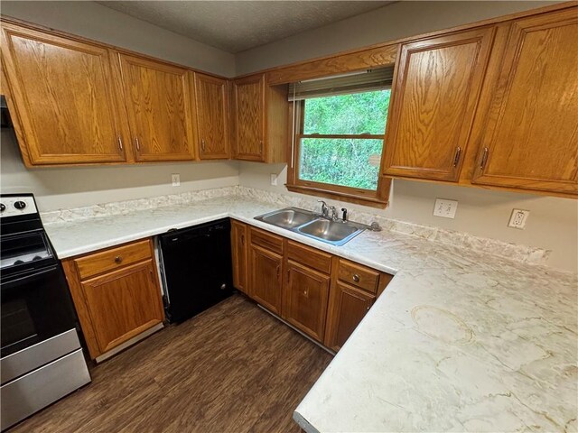kitchen with brown cabinetry, dark wood-style flooring, black dishwasher, a sink, and electric stove
