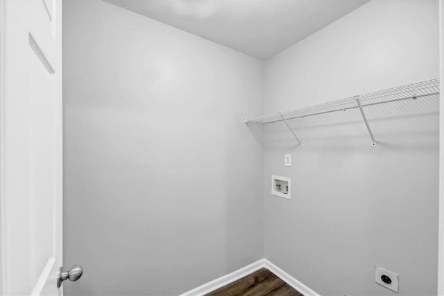 clothes washing area with hardwood / wood-style flooring, electric dryer hookup, and hookup for a washing machine