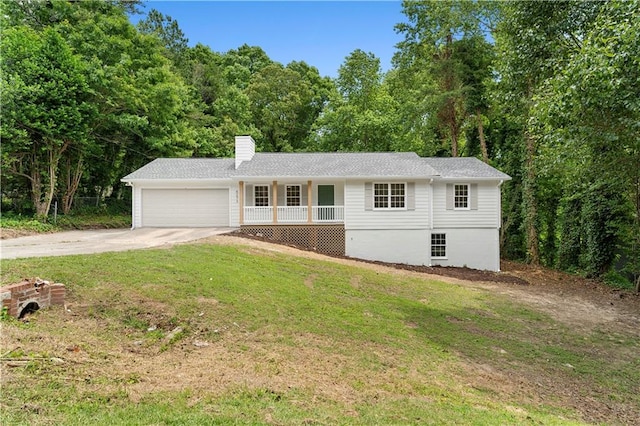 6273 Oak Ridge Dr, Flowery Branch, GA 30542 - ranch-style home with a chimney, concrete driveway, a garage, a front lawn, and covered porch
