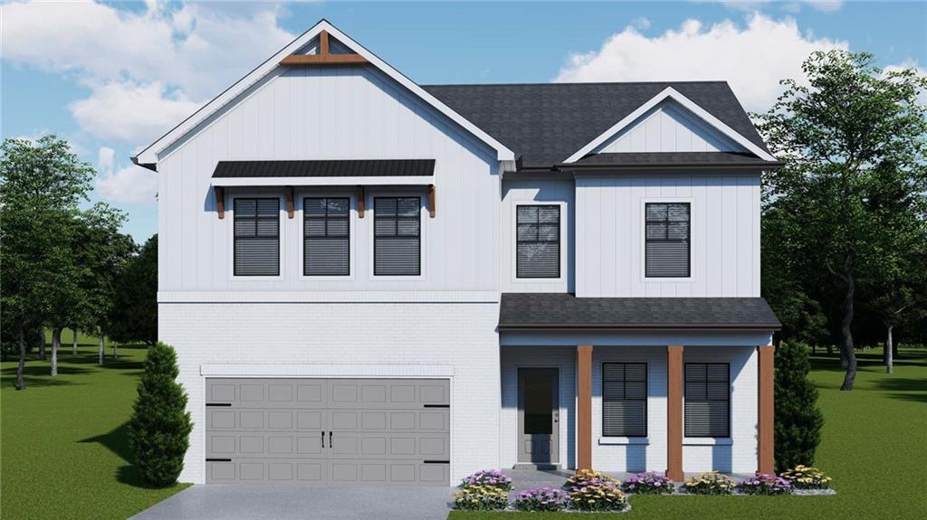408 Westmarch Cir, Loganville, GA 30052 - modern inspired farmhouse with a porch, board and batten siding, a front lawn, and a garage