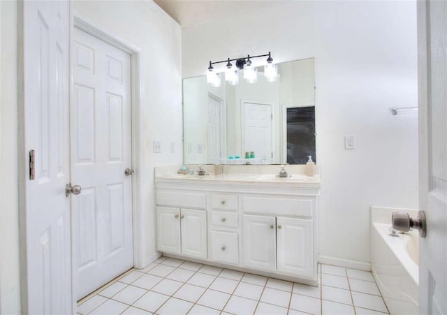 bathroom with tile patterned flooring, vanity, and a tub to relax in