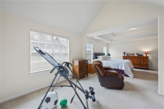 bedroom with multiple windows, light carpet, and high vaulted ceiling