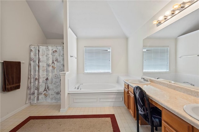 bathroom featuring tile patterned flooring, plenty of natural light, and lofted ceiling