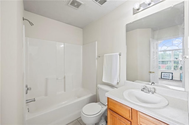 full bathroom featuring shower / bathtub combination, a textured ceiling, vanity, and toilet