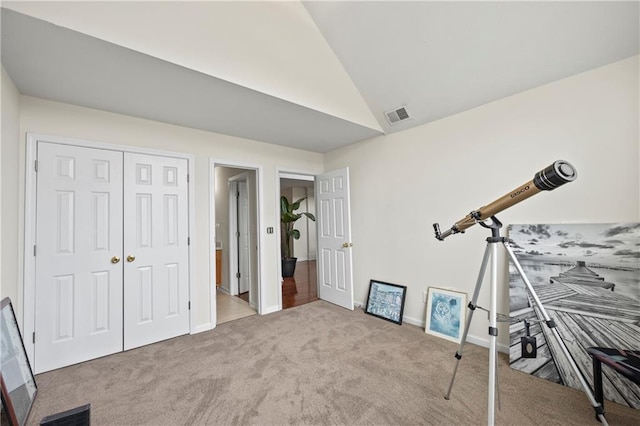 miscellaneous room with light colored carpet and vaulted ceiling