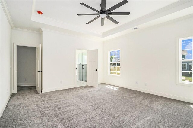 carpeted empty room featuring ceiling fan, a healthy amount of sunlight, a raised ceiling, and ornamental molding