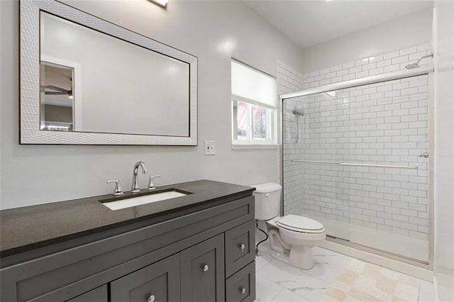 bathroom featuring vanity, toilet, and walk in shower