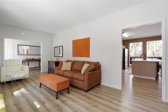 living room featuring light hardwood / wood-style flooring and sink