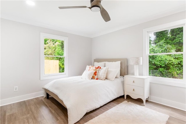 bedroom featuring baseboards, multiple windows, and wood finished floors