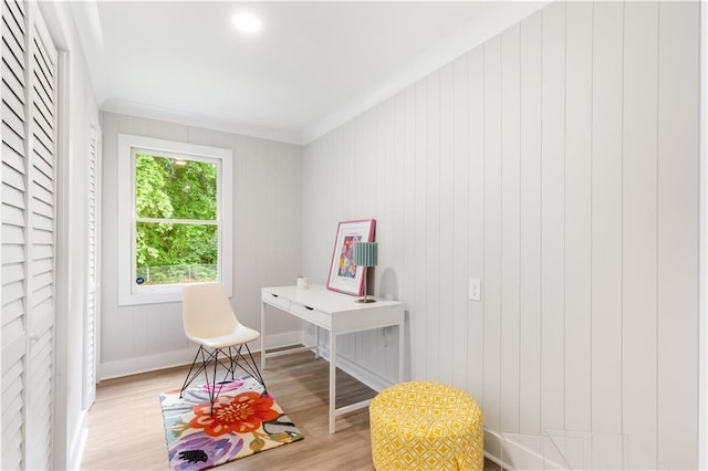 interior space featuring light wood-type flooring, ornamental molding, and baseboards