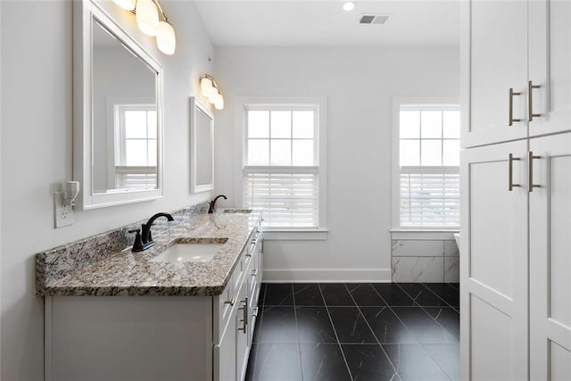 full bathroom featuring double vanity, a healthy amount of sunlight, and a sink