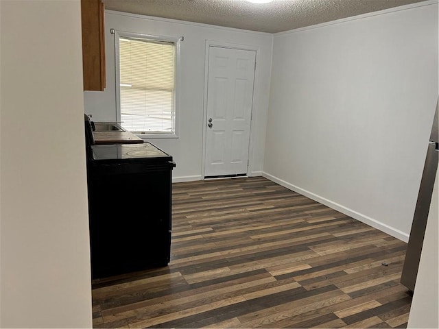 interior space with dark hardwood / wood-style floors, sink, ornamental molding, and a textured ceiling