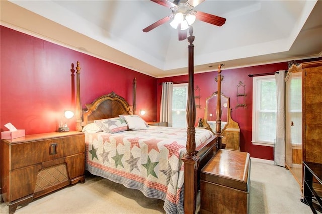1360 Stampmill Way, Lawrenceville, GA 30043 - bedroom featuring a raised ceiling, carpet floors, multiple windows, and a ceiling fan