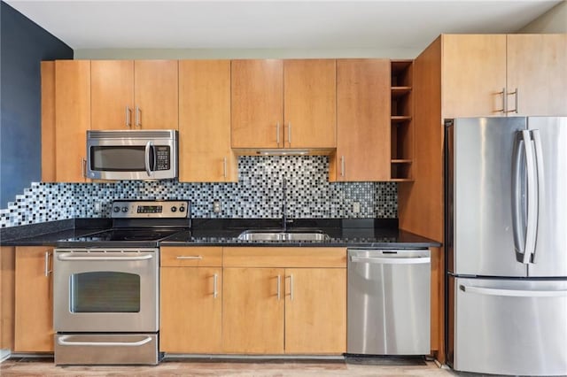3400 Malone Dr Unit 303, Atlanta, GA 30341 - kitchen featuring stainless steel appliances, open shelves, a sink, dark stone counters, and decorative backsplash
