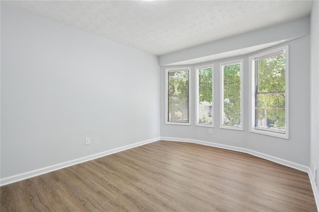 unfurnished room with light hardwood / wood-style flooring and a textured ceiling