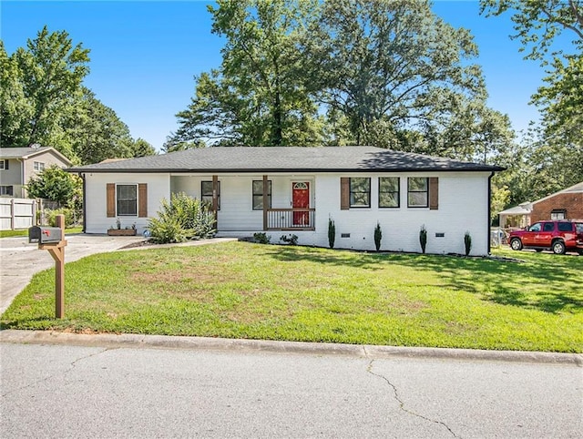 single story home with a front lawn and a porch