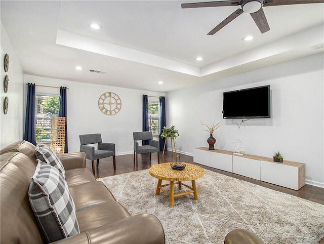 living room with hardwood / wood-style floors, a tray ceiling, and a healthy amount of sunlight