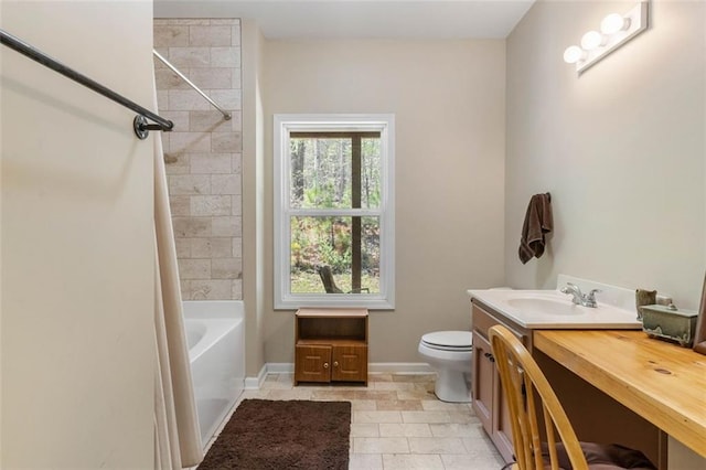 full bathroom featuring shower / bathtub combination with curtain, tile flooring, vanity, and toilet