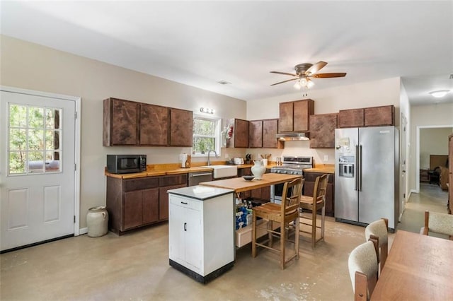 kitchen featuring appliances with stainless steel finishes, plenty of natural light, sink, and ceiling fan