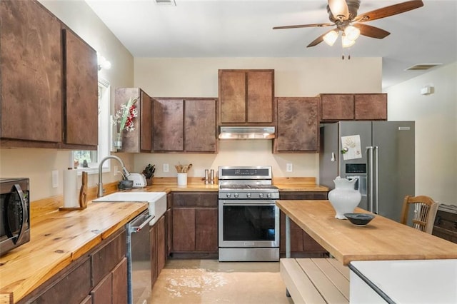 kitchen with sink, butcher block countertops, ceiling fan, and stainless steel appliances