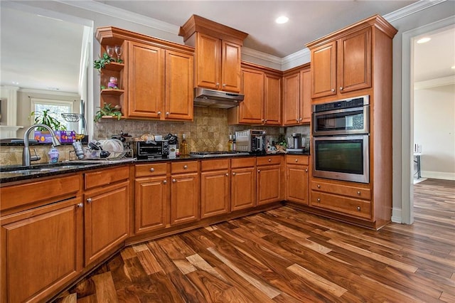 kitchen with a sink, stainless steel appliances, dark wood-type flooring, under cabinet range hood, and crown molding