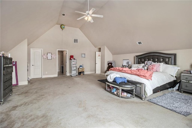 carpeted bedroom featuring lofted ceiling, baseboards, visible vents, and ceiling fan