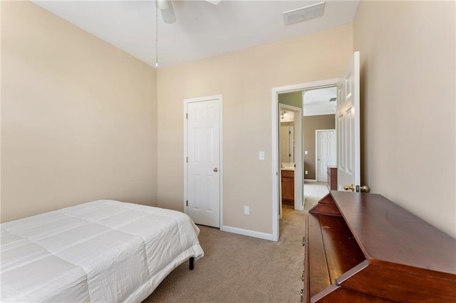 bedroom with visible vents, carpet floors, baseboards, and a ceiling fan