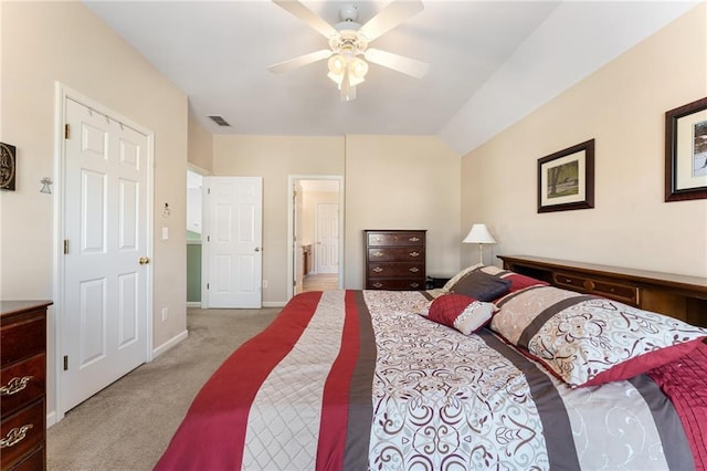 bedroom featuring visible vents, ceiling fan, baseboards, carpet, and lofted ceiling