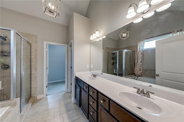 bathroom featuring plus walk in shower, lofted ceiling, tile patterned flooring, vanity, and an inviting chandelier