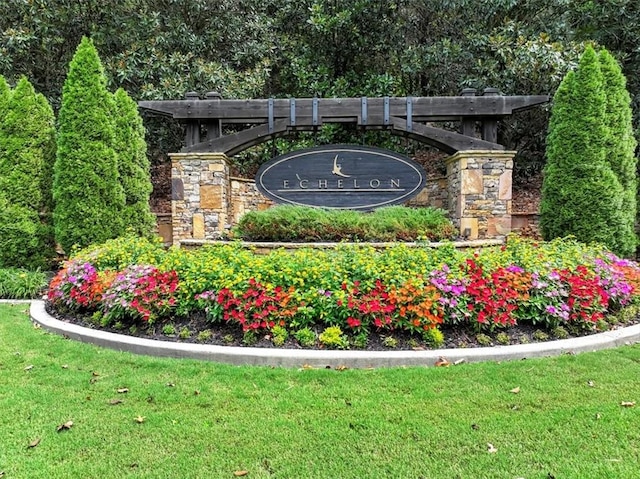 community / neighborhood sign with a yard