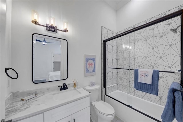 full bathroom with shower / bath combination with glass door, toilet, and vanity