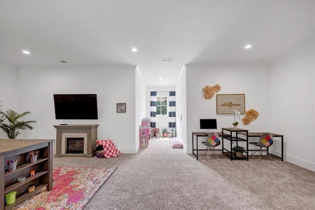 interior space featuring light colored carpet