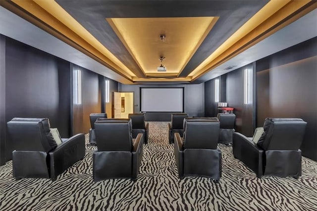 carpeted cinema room featuring a tray ceiling