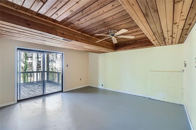 unfurnished room with ceiling fan, baseboards, concrete flooring, and wooden ceiling