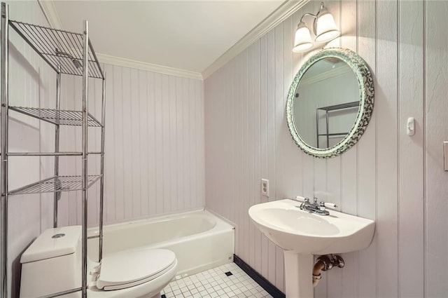 full bath featuring tile patterned flooring, toilet, and ornamental molding