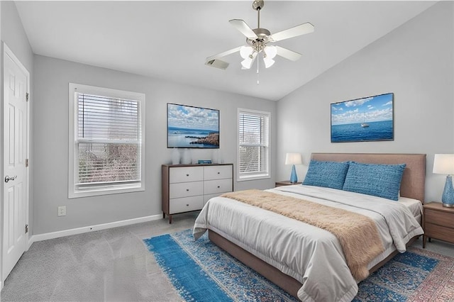 3044 Lauren Parc Rd, Decatur, GA 30032 - bedroom with baseboards, vaulted ceiling, light carpet, a ceiling fan, and visible vents
