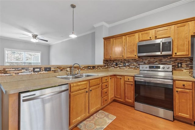 kitchen featuring light wood finished floors, tasteful backsplash, a peninsula, stainless steel appliances, and a sink