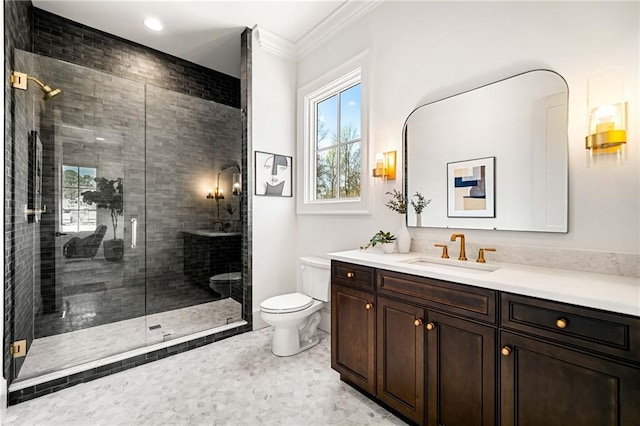 605 Claxton Ln, Milton, GA 30004 - bathroom featuring toilet, vanity, ornamental molding, and a shower stall