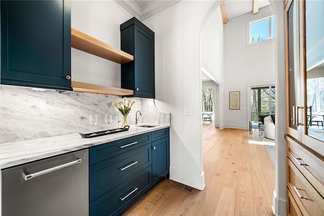 605 Claxton Ln, Milton, GA 30004 - kitchen with open shelves, decorative backsplash, stainless steel dishwasher, a sink, and light wood-style floors