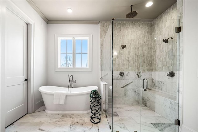 605 Claxton Ln, Milton, GA 30004 - full bath with a soaking tub, recessed lighting, crown molding, and a shower stall