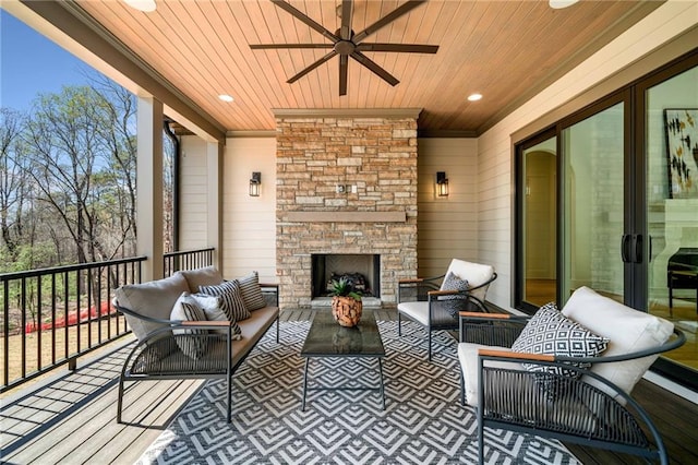 605 Claxton Ln, Milton, GA 30004 - exterior space featuring an outdoor living space with a fireplace and a ceiling fan