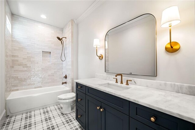 bathroom featuring toilet, crown molding, and plus walk in shower