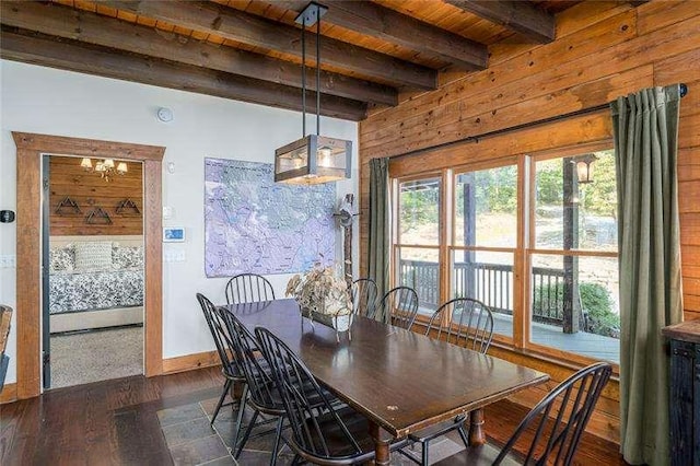 1363 Foxhound Trl, Ranger, GA 30734 - dining space featuring a wooden ceiling with exposed beams, dark wood-type flooring, and wooden walls