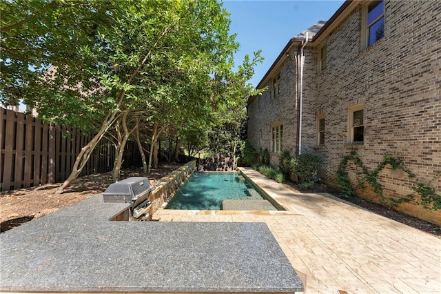 view of pool with grilling area and a patio