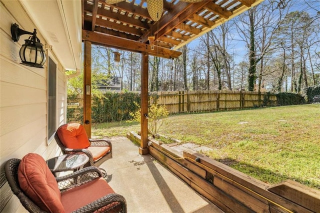 view of patio / terrace with a fenced backyard and a pergola