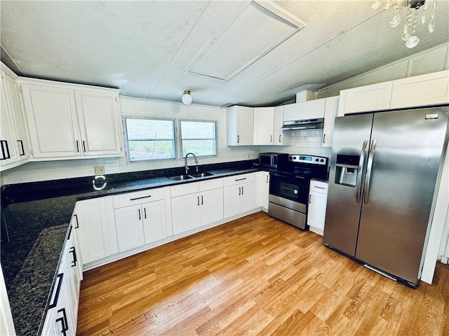 kitchen with appliances with stainless steel finishes, white cabinets, and sink