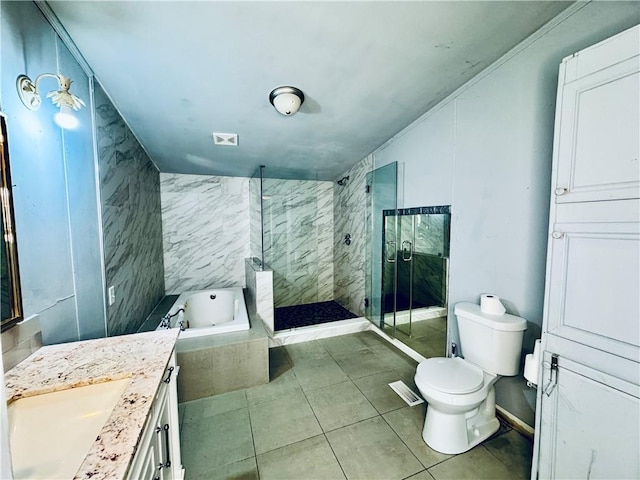 full bathroom with independent shower and bath, vanity, and toilet